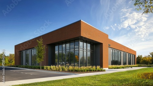 Wallpaper Mural Modern Red Brick Commercial Building with Glass Windows and Landscape Torontodigital.ca