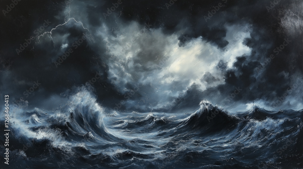 An image of an ocean storm, tall dark waves violently crashing against each other under a stormy sky An image of an ocean storm, tall dark waves violently crashing against each other under a stormy sky