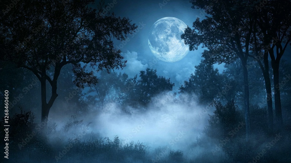 Mysterious Moonlit Night in a Foggy Forest Landscape Scene Mysterious Moonlit Night in a Foggy Forest Landscape Scene