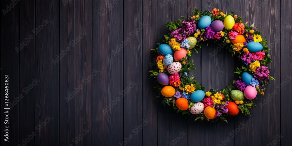 Easter wreath with flowers and colorful eggs hanging on a wooden door. Easter wreath with flowers and colorful eggs hanging on a wooden door.