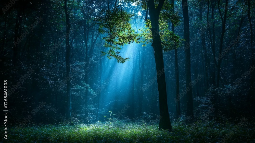 Mystical Forest with Sun Rays Streaming Through Trees at Dawn