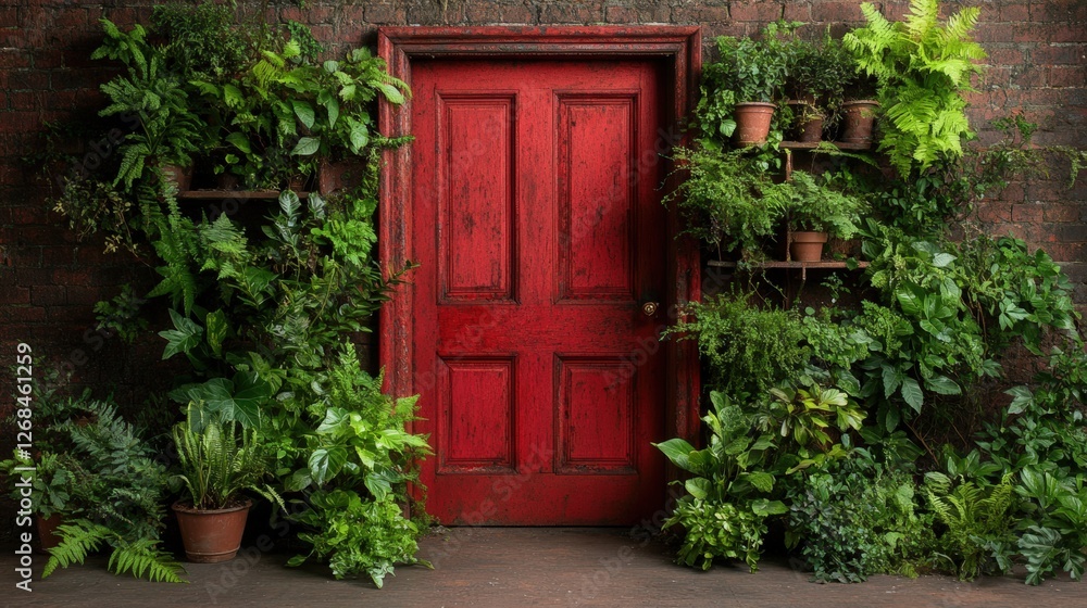 Red door surrounded by green plants and pots in an abandoned factory setting with rustic details Red door surrounded by green plants and pots in an abandoned factory setting with rustic details
