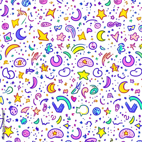 Whimsical Celestial Pattern with Vibrant Stars Moons and Cosmic Elements for Playful Backgrounds