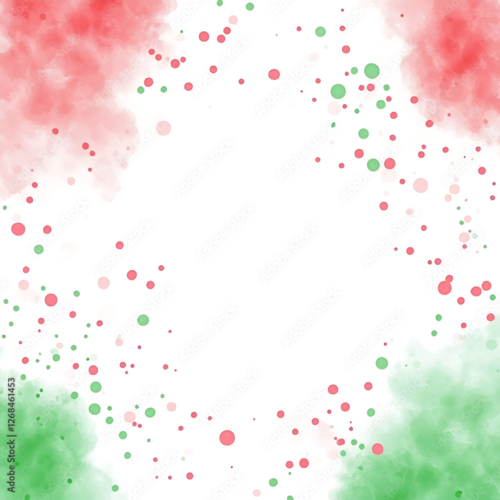 Whimsical Watercolor Splash with Red and Green Spots Creating a Festive Frame Background Whimsical Watercolor Splash with Red and Green Spots Creating a Festive Frame Background