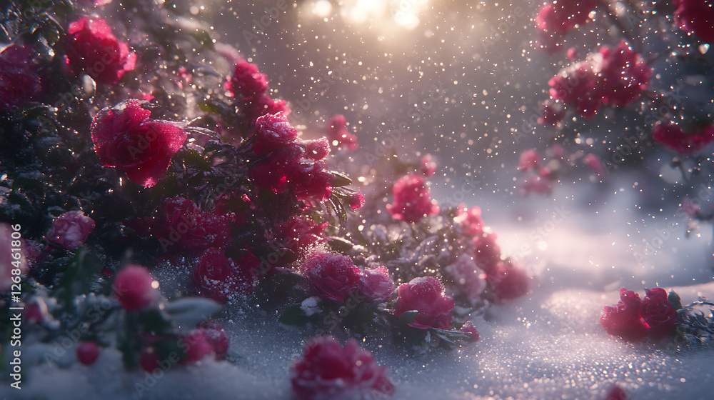 Obraz premium Winter Roses Amidst Falling Snow A Serene Seasonal Scene With Floral Beauty And Gentle Weather