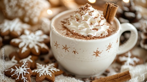 A warm mug of hot chocolate topped with whipped cream, cocoa powder, and a cinnamon stick, surrounded by gingerbread cookies and cinnamon sticks.