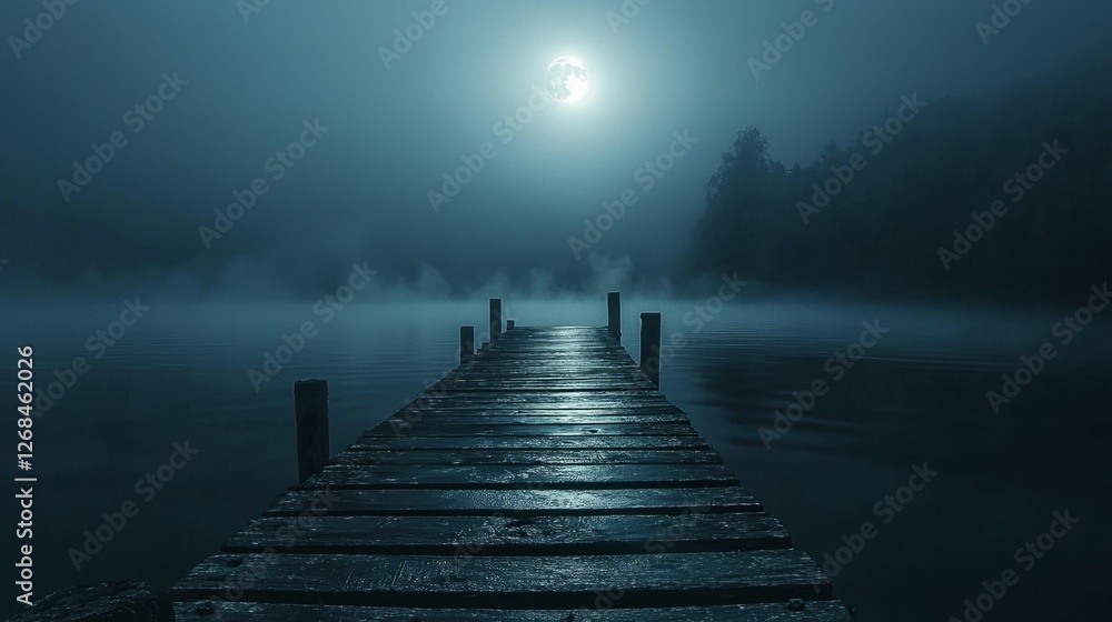 Obraz premium Serene Misty Lake with Wooden Pier Under Full Moonlight Glow