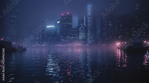 Nighttime Urban Landscape with Fog and City Lights Reflection