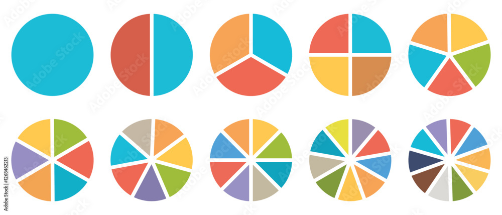 Circle pie chart diagram. 2,3,4,5,6,7,8,9,10,11,12 sections or steps. Flat process cycle. Progress sectors. Vector illustration. Circle pie chart diagram. 2,3,4,5,6,7,8,9,10,11,12 sections or steps. Flat process cycle. Progress sectors. Vector illustration.