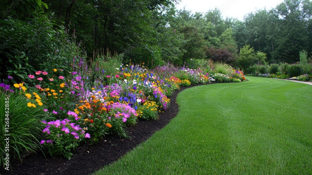 Obraz premium Vibrant flower bed with colorful summer blooms curves along a manicured green lawn in a lush backyard garden.