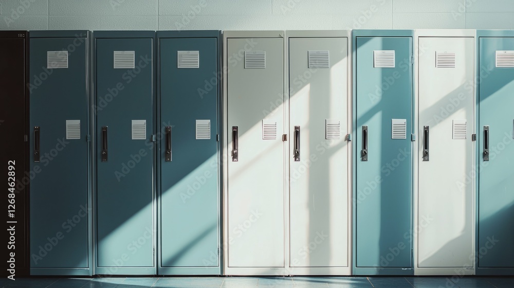 Fototapeta premium Row of Colorful Metal Lockers in Bright School Environment
