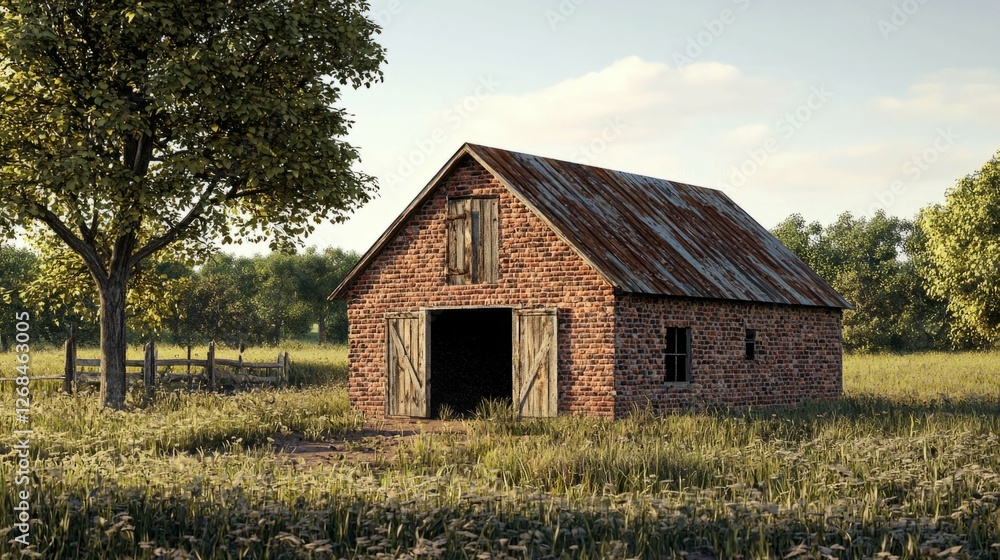 Rustic Red Brick Barn Surrounded by Lush Green Fields and Trees Rustic Red Brick Barn Surrounded by Lush Green Fields and Trees