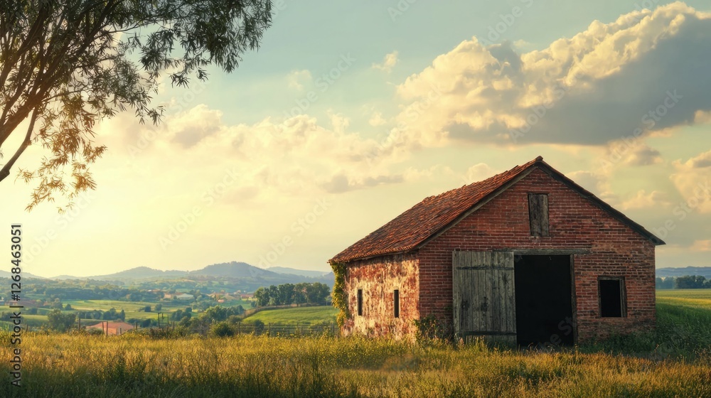Serene Countryside Scene with Old Barn Under Soft Sunlight Serene Countryside Scene with Old Barn Under Soft Sunlight