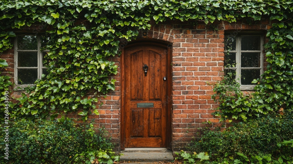Charming Rustic Brick House with Wooden Door and Green Ivy Decoration Charming Rustic Brick House with Wooden Door and Green Ivy Decoration