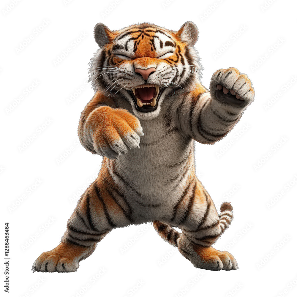 Obraz premium cartoon tiger stands on its hind legs with expressive, playful roar, showcasing its detailed fur and stripes. tiger dynamic pose and vibrant colors make it appear lively and engaging