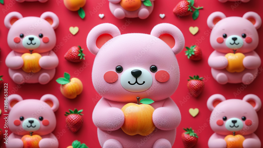 Seamless pattern of cute pink teddy bears holding strawberries on a vibrant red background ideal for children's designs and kawaii themed illustrations Seamless pattern of cute pink teddy bears holding strawberries on a vibrant red background ideal for children's designs and kawaii themed illustrations