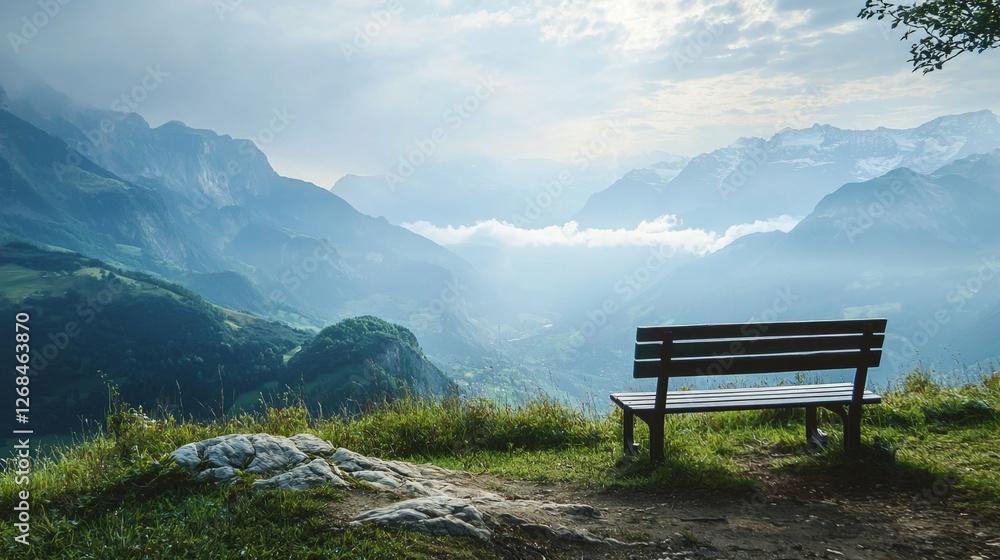 Serene Mountain View with Empty Bench Overlooking Vast Landscape Serene Mountain View with Empty Bench Overlooking Vast Landscape