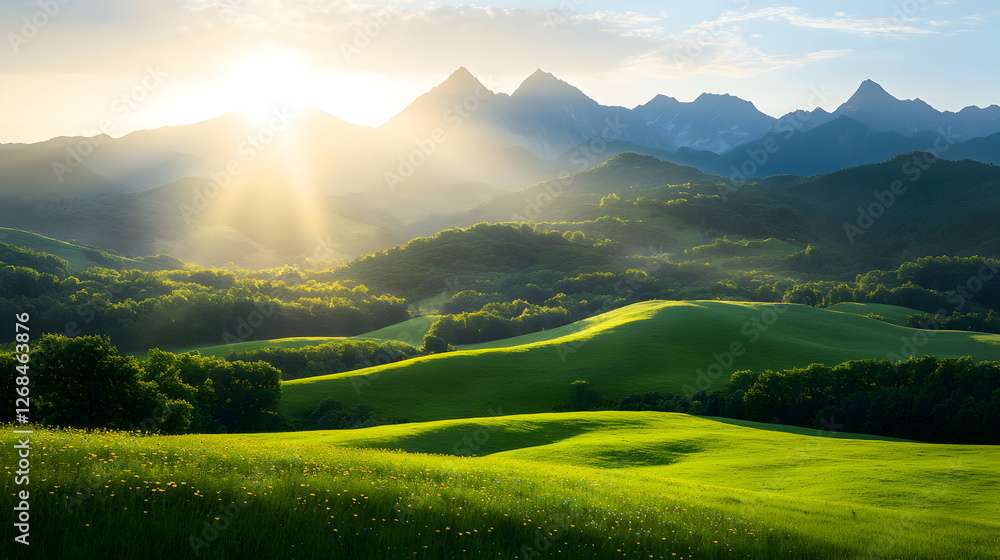 Fototapeta premium Sunlit Mountain Landscape at Sunset