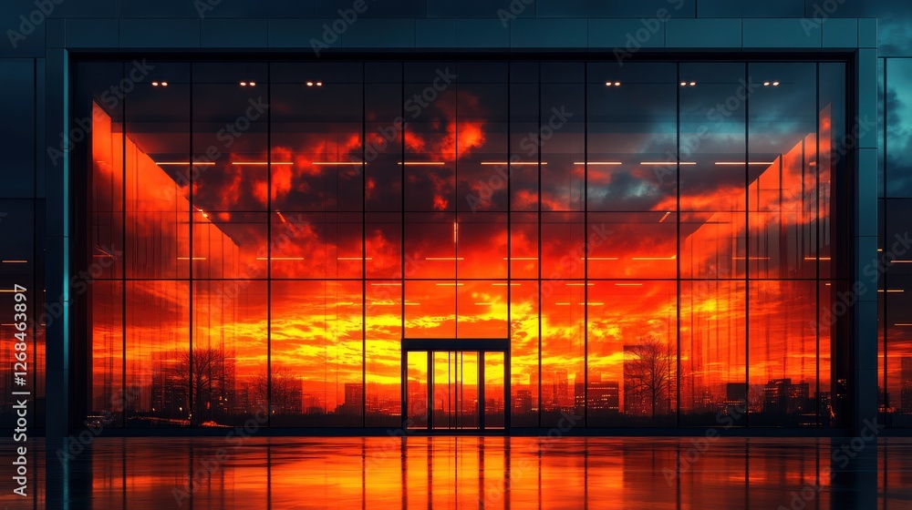 Fototapeta premium Dramatic Sunset Reflection on Modern Glass Building Facade