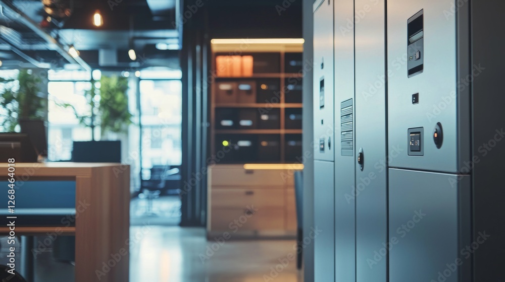 Modern Office Interior with Secure Lockers and Stylish Decor Modern Office Interior with Secure Lockers and Stylish Decor