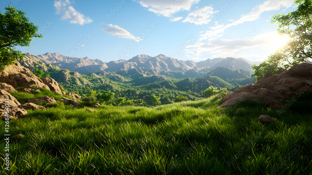 Naklejka premium Sunlit Mountain Landscape with Lush Green Grass