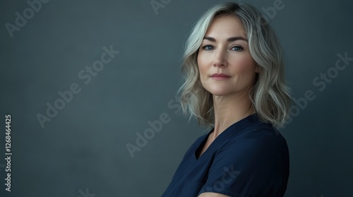 Confident Female Healthcare Professional in Modern Scrubs Against a Neutral Background