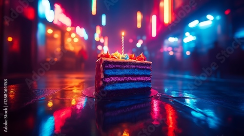 layered chocolate cake, softly blurred party lights.
