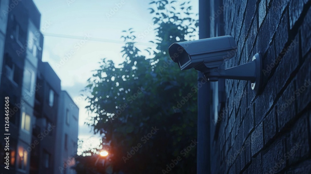 Security Camera Monitoring Street Scene at Dusk with Cityscape Background Security Camera Monitoring Street Scene at Dusk with Cityscape Background