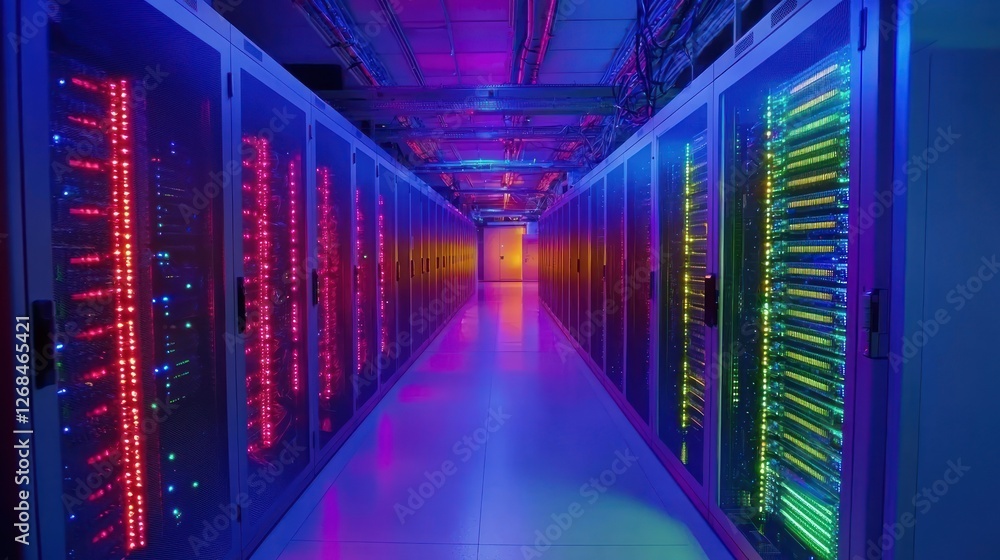 A row of servers in a high-tech data center, with blinking lights and cables neatly organized. A row of servers in a high-tech data center, with blinking lights and cables neatly organized.