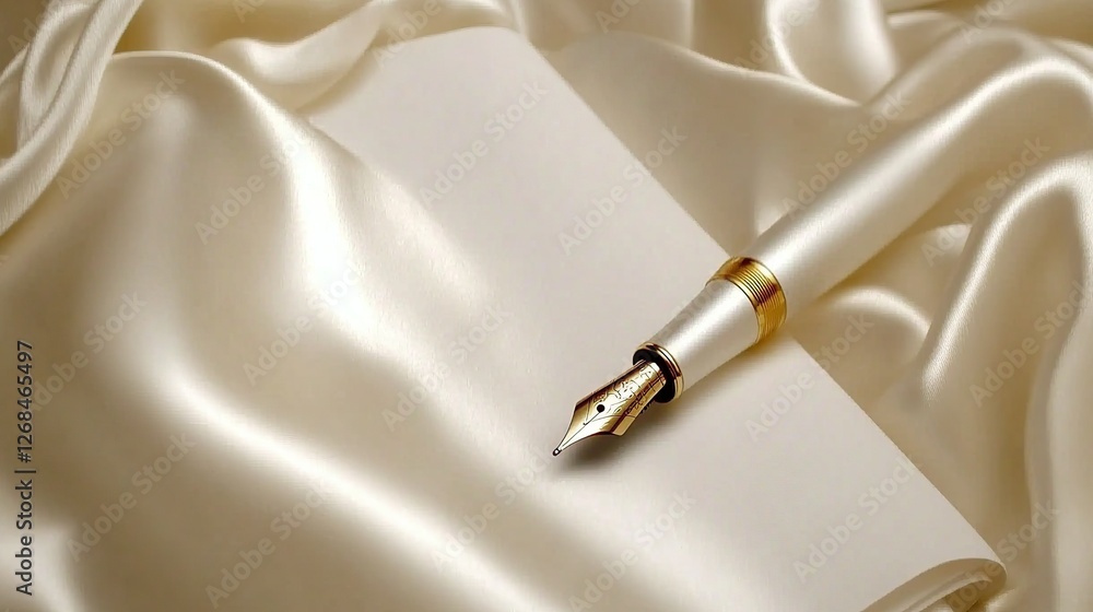 Naklejka premium Elegant pen rests on cream satin; blank note; luxury background; invitation design