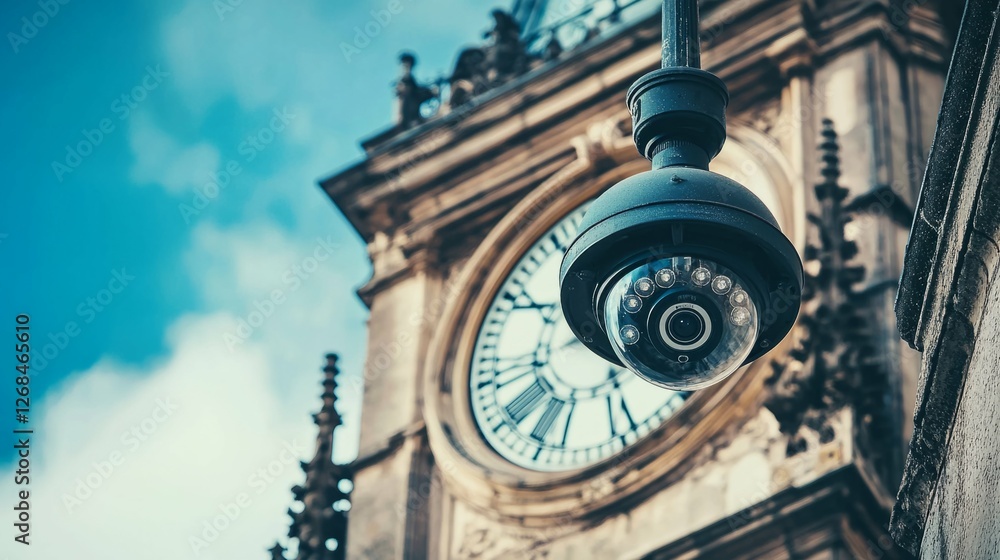 Fototapeta premium Security Camera Overlooking Historic Clock Tower Under Blue Sky