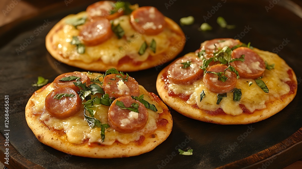 Mini pizzas with assorted toppings. Mini pizzas with assorted toppings.