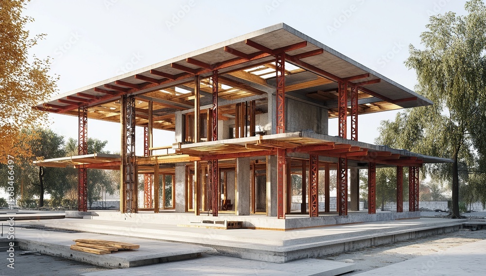 Modern House Construction: Concrete Frame, Wooden Beams, Steel Supports Under Construction, Exterior View, Daytime Modern House Construction: Concrete Frame, Wooden Beams, Steel Supports Under Construction, Exterior View, Daytime