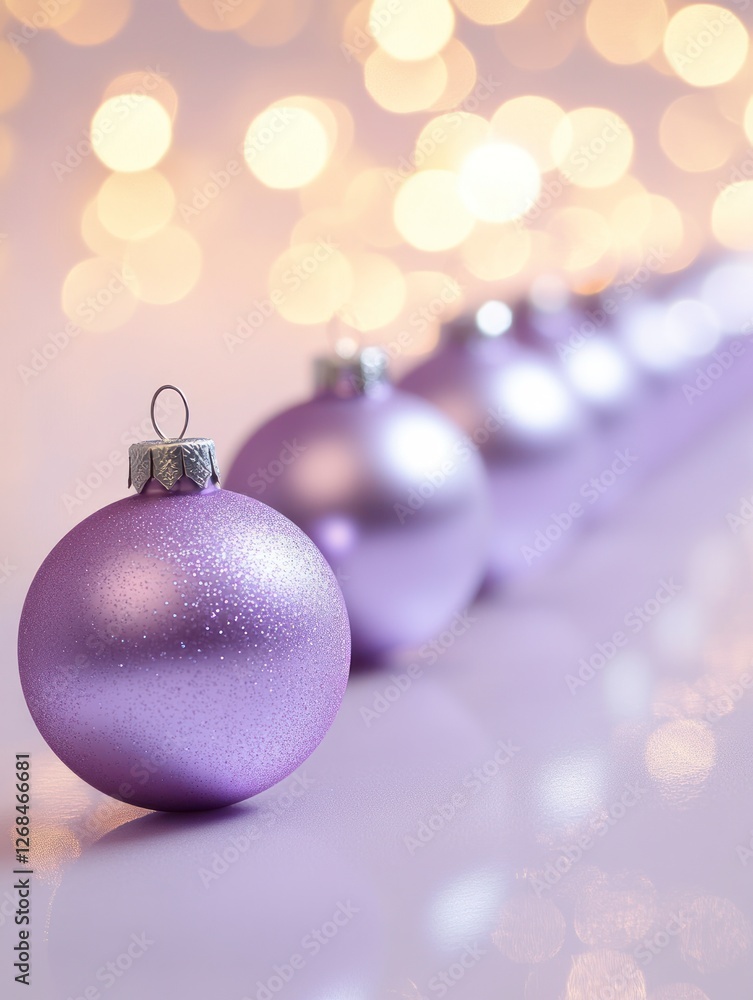 Fototapeta premium A row of purple Christmas ornaments on a light violet background, with reflections and bokeh lights. The festive decorations look elegant against the soft pastel color backdrop