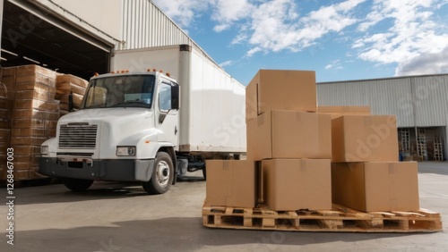 White truck parked in front of large warehouse with stacked cardboard boxes on pallets, blue sky and corrugated metal building.
