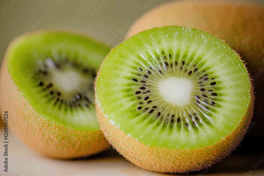 Bright green interior of a ripe kiwi fruit reveals tiny seeds and rich texture in a close-up view that captivates the senses. Generative AI Bright green interior of a ripe kiwi fruit reveals tiny seeds and rich texture in a close-up view that captivates the senses. Generative AI