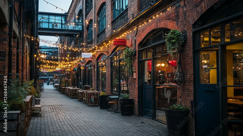 Fototapeta premium Charming Urban Alleyway with String Lights and Dining Spaces