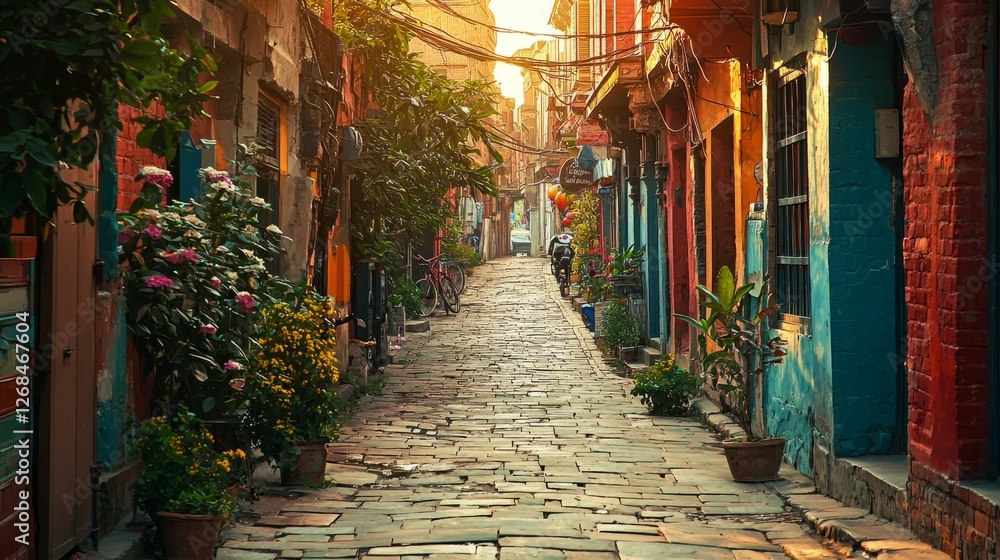 Fototapeta premium Serene Cobblestone Alley Surrounded by Colorful Flowers at Sunset