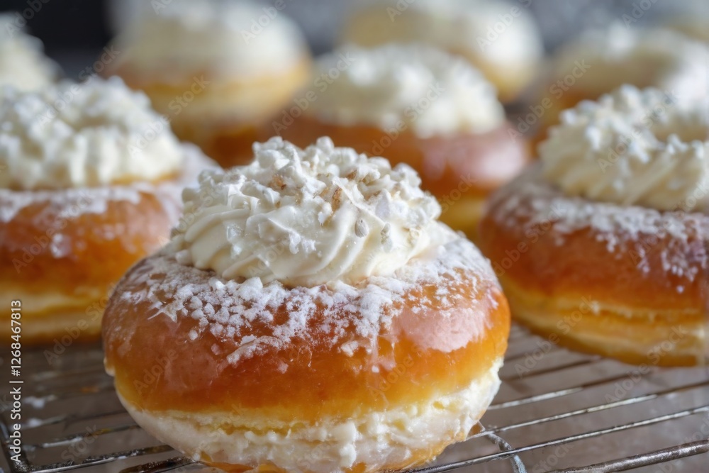 Freshly Baked Donuts on Wire Rack with Cream Cheese Frosting, Powdered Sugar, Golden Brown Color, Kitchen Background. Freshly Baked Donuts on Wire Rack with Cream Cheese Frosting, Powdered Sugar, Golden Brown Color, Kitchen Background.
