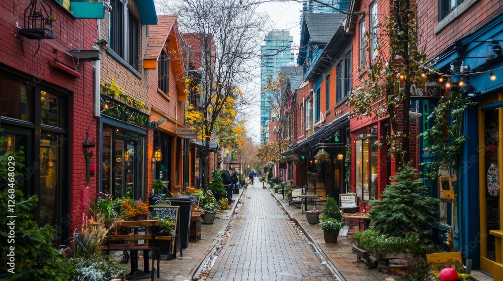 Fototapeta premium Charming Urban Street in Autumn with Colorful Brick Buildings