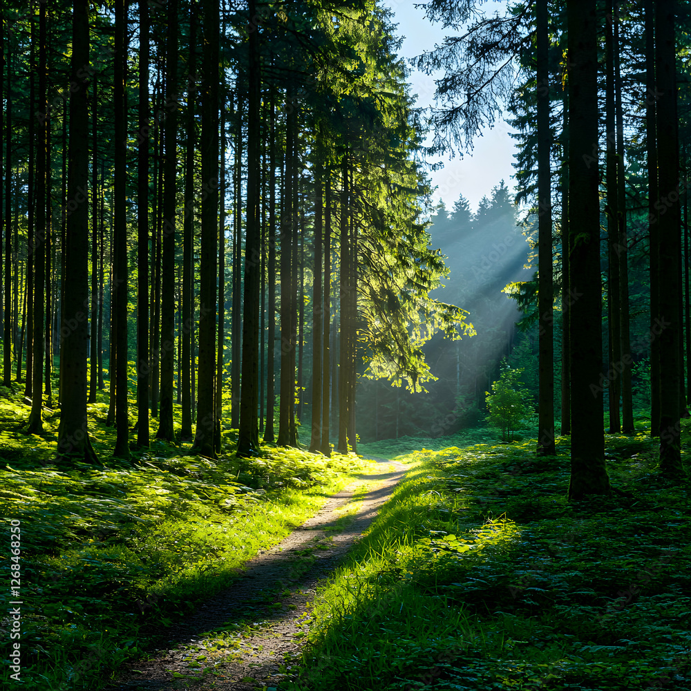 Obraz premium Sunlit Path Through Lush Green Forest