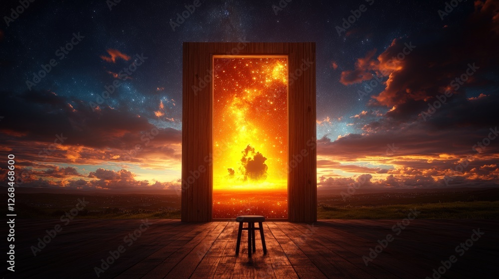 Chair on wooden floor in front of window with surreal doorway opening to cosmic scene Chair on wooden floor in front of window with surreal doorway opening to cosmic scene