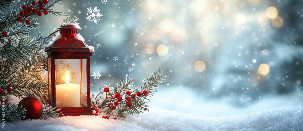 A glowing red lantern among snowy pine branches, red berries, and ornaments with falling snowflakes against a soft winter bokeh background. Perfect for holiday promotions, greeting cards A glowing red lantern among snowy pine branches, red berries, and ornaments with falling snowflakes against a soft winter bokeh background. Perfect for holiday promotions, greeting cards