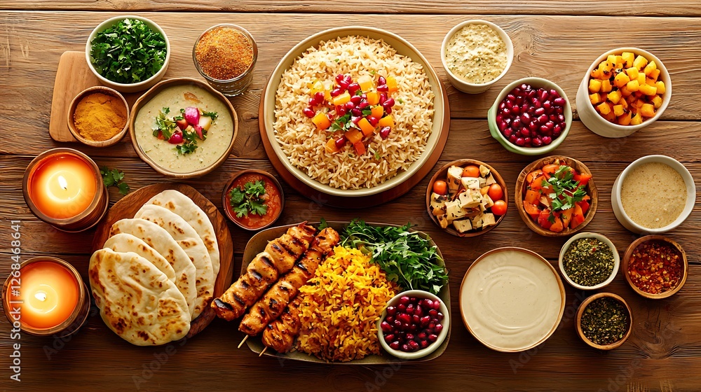 Fototapeta premium Middle Eastern feast, overhead, wooden table, candlelight, restaurant