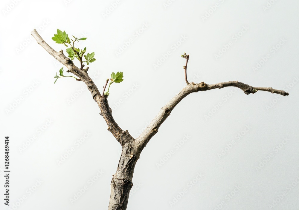 In the center of an empty white background, there is a dead branch with leaves on it. The branch stands upright and has two branches that curve upwards from its main body. In the center of an empty white background, there is a dead branch with leaves on it. The branch stands upright and has two branches that curve upwards from its main body.