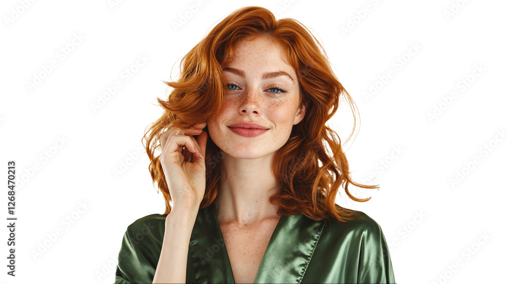 portrait of a female with her shoulder-length, wavy, red hair, wearing a green silk robe, smiling softly, isolated on a white background portrait of a female with her shoulder-length, wavy, red hair, wearing a green silk robe, smiling softly, isolated on a white background