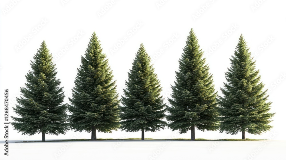 A set of realistic trees, with five large coniferous trees in the foreground and three medium-sized pine trees behind them. The background is white. A set of realistic trees, with five large coniferous trees in the foreground and three medium-sized pine trees behind them. The background is white.