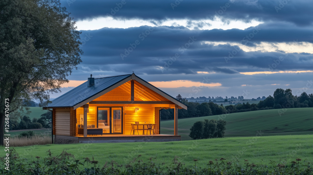 A small wooden log cabin in the countryside at dusk, with warm lights glowing from inside, surrounded by lush green fields and tall trees. The dark blue sky and clouds above add to the cozy and inviti A small wooden log cabin in the countryside at dusk, with warm lights glowing from inside, surrounded by lush green fields and tall trees. The dark blue sky and clouds above add to the cozy and inviti