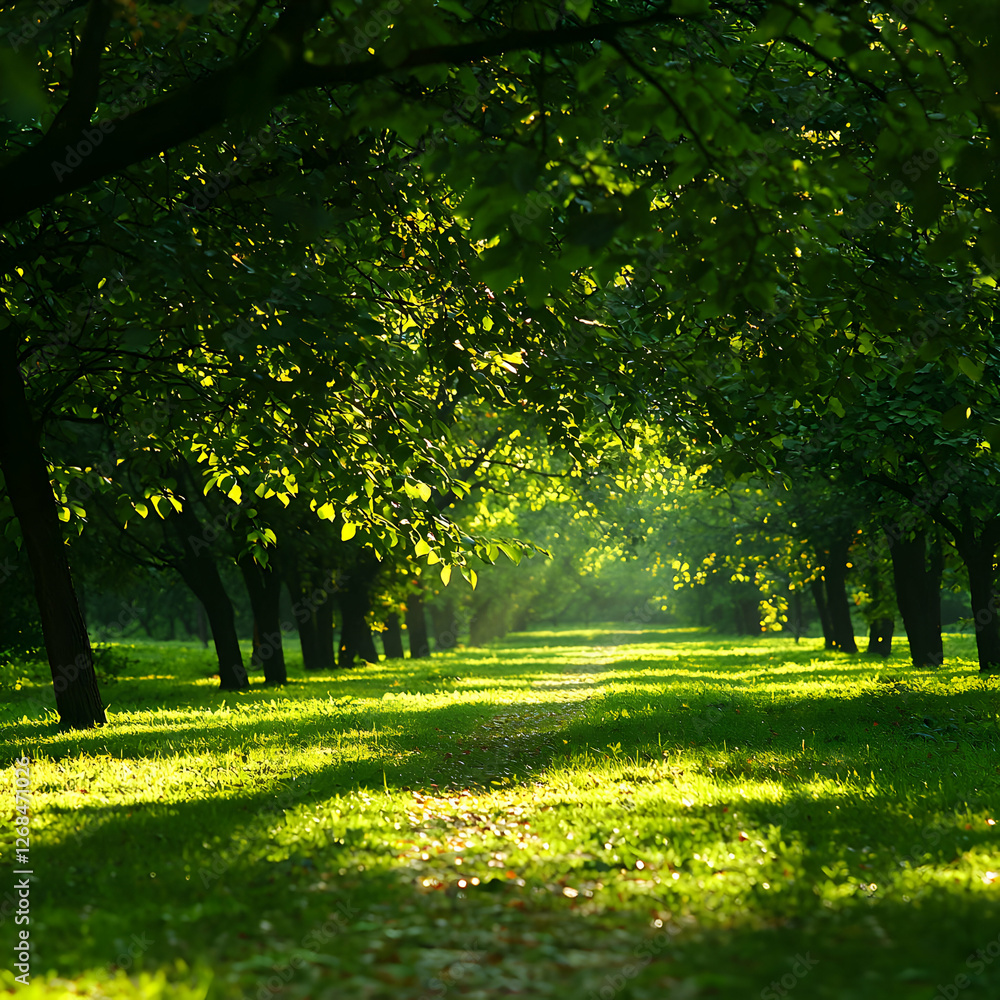 Naklejka premium Sunlit Path Through Lush Green Trees