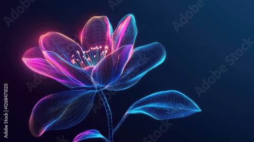 Digital wireframe flower glows with bright neon colors